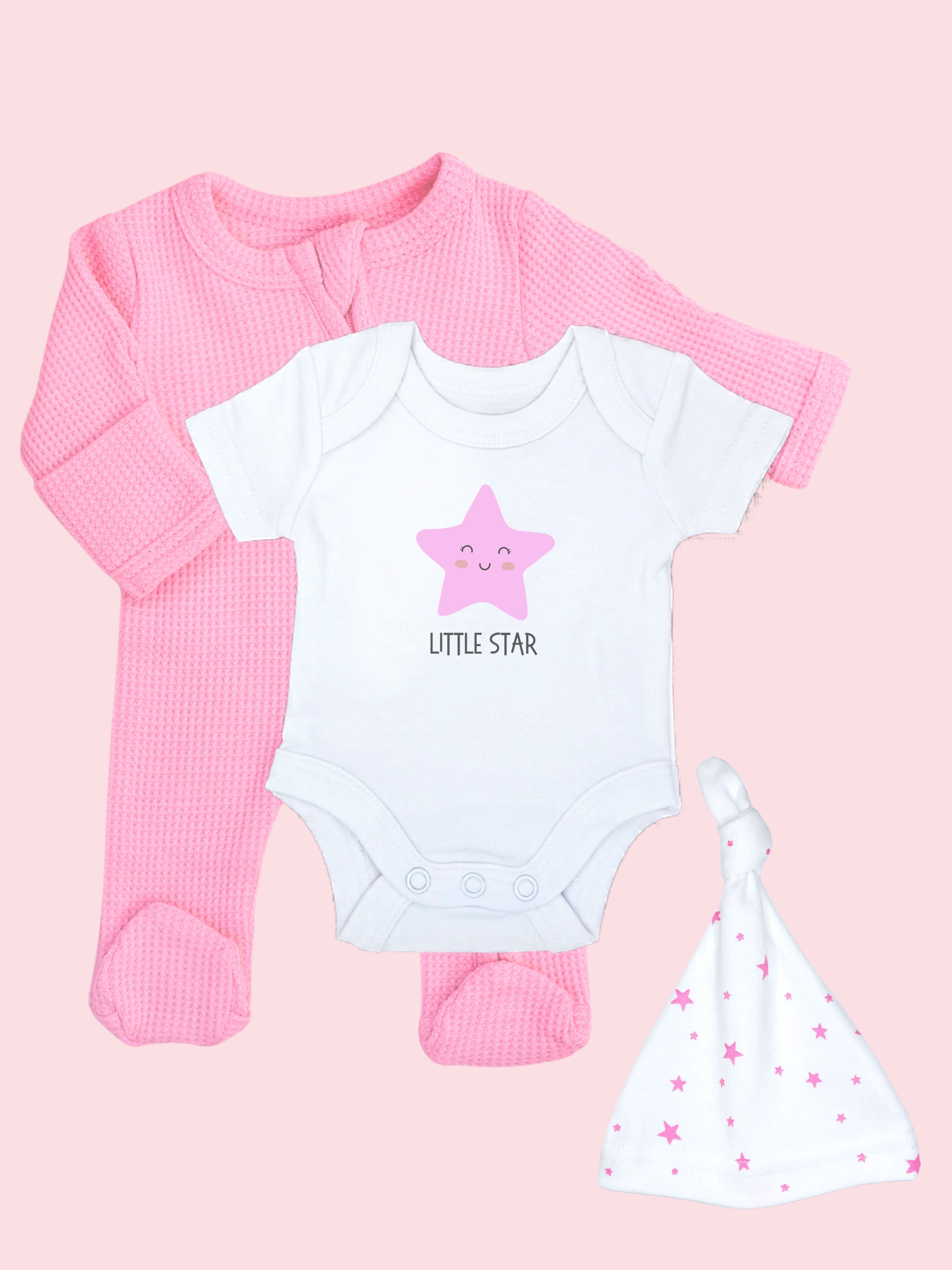 Bright Pink Zipped Sleepsuit, 'Little Star' Motif Bodysuit, Pink Star Hat and Socks Set. Set Little Dreamer 