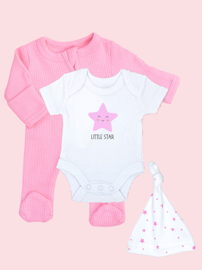 Bright Pink Zipped Sleepsuit, 'Little Star' Motif Bodysuit and Pink Star Hat set.