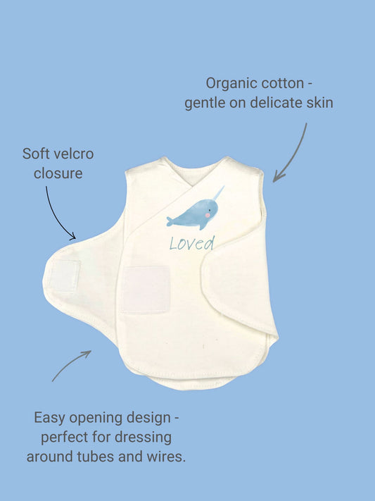Organic Cotton Hat & Incubator Vest Set with 'Loved' Narwhal Print.