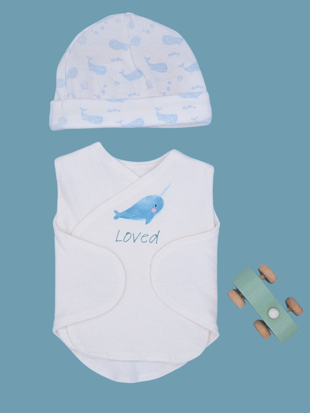 Organic Cotton Hat & Incubator Vest Set with 'Loved' Narwhal Print.