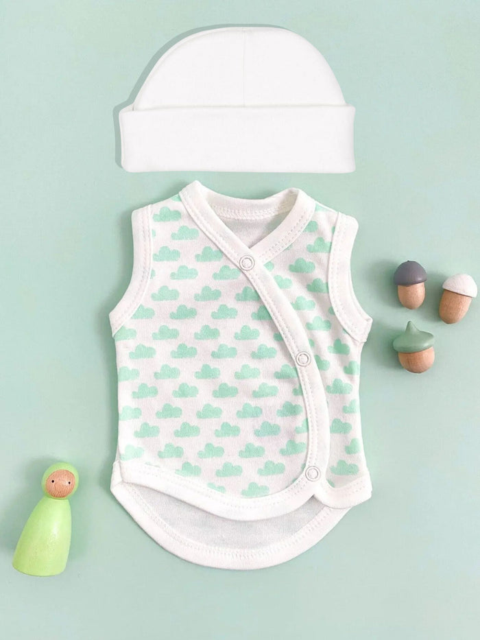 Incubator Vest & Round Hat Set Mint Cloud, 100% Organic Cotton (1.5-3lb)