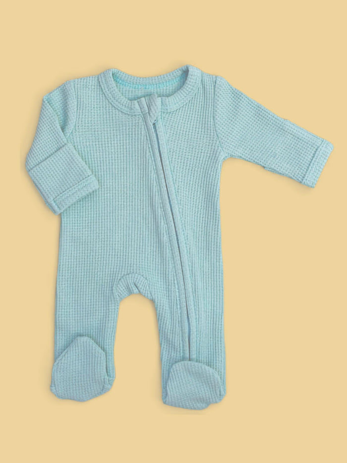 Tiny Baby Sleepsuit With Zips, Integrated Mitts, Footed - Mint Green/Blue