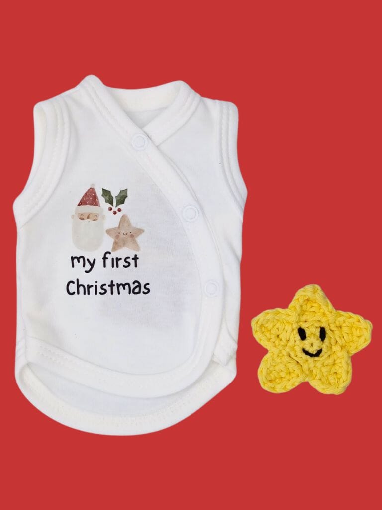My First Christmas Incubator Vest, White , Premium 100% Organic Cotton - triple image Bodysuit / Vest Tiny & Small 