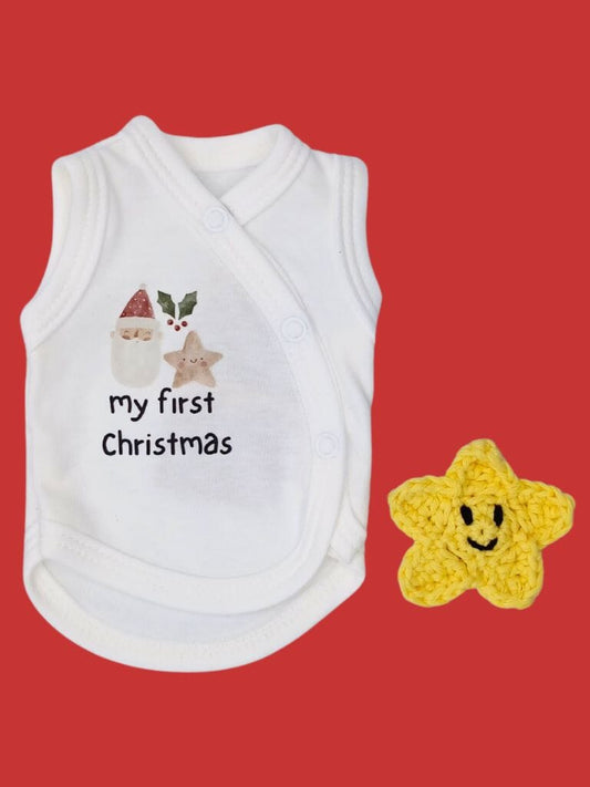 My First Christmas Incubator Vest, White , Premium 100% Organic Cotton - triple image Bodysuit / Vest Tiny & Small 
