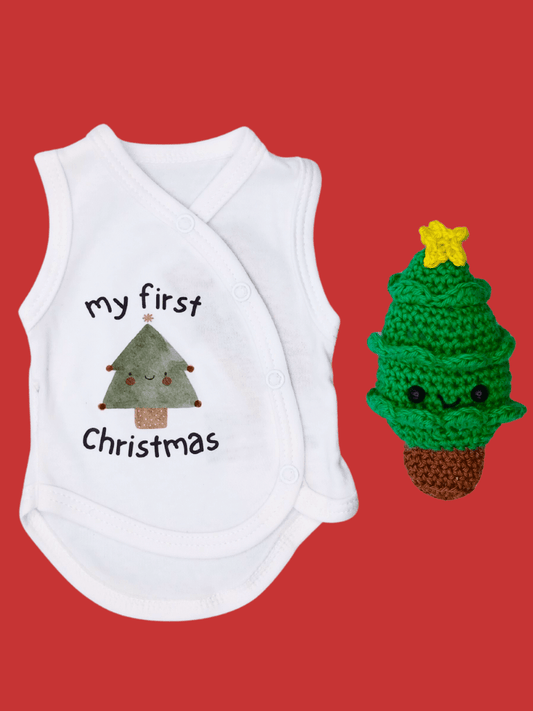 My First Christmas Incubator Vest, White , Organic Cotton - Christmas tree Bodysuit / Vest Tiny & Small 