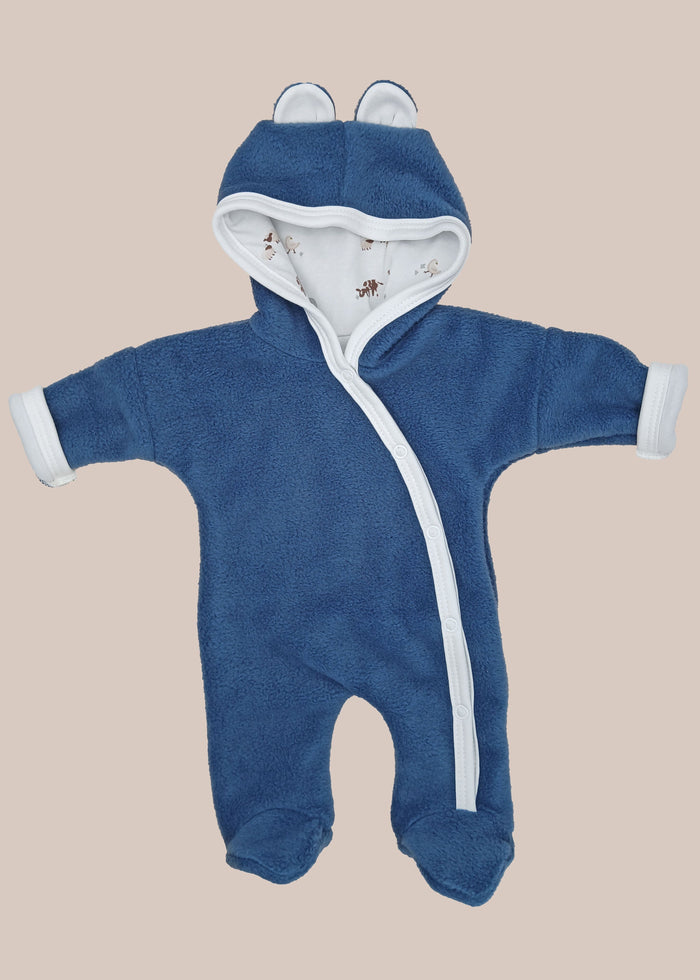 Tiny & Small Fleece Pramsuit - Dark Blue with Farmyard Fabric Hood