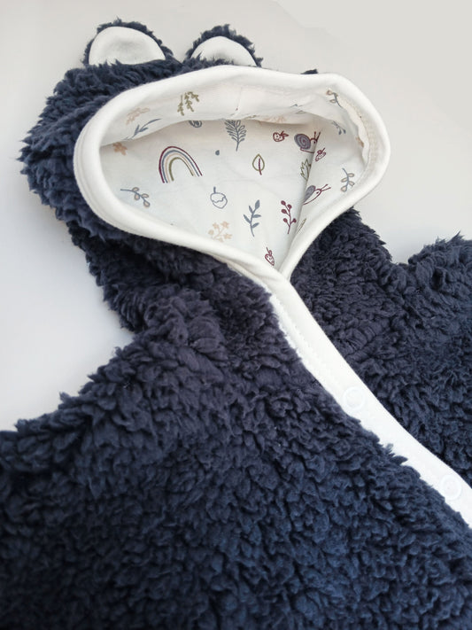 Tiny & Small Fluffy Pramsuit - Navy with Acorn Wood Fabric Hood Snowsuit / Pramsuit Tiny & Small 