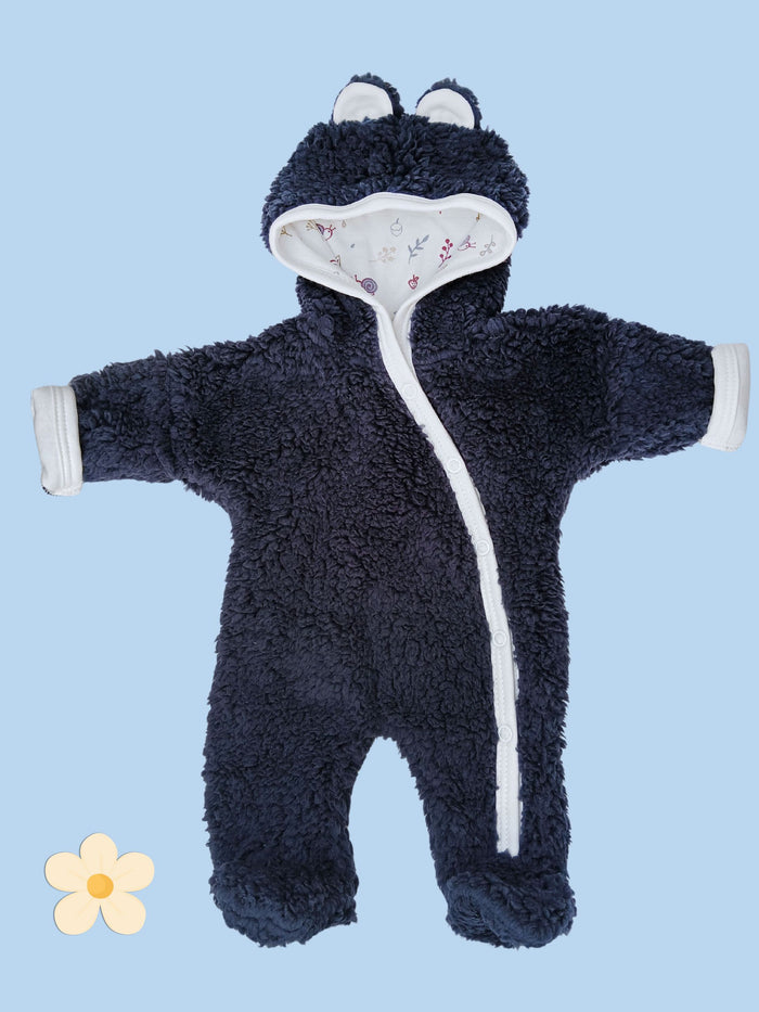Fluffy Pramsuit - Navy with Acorn Wood Fabric Hood