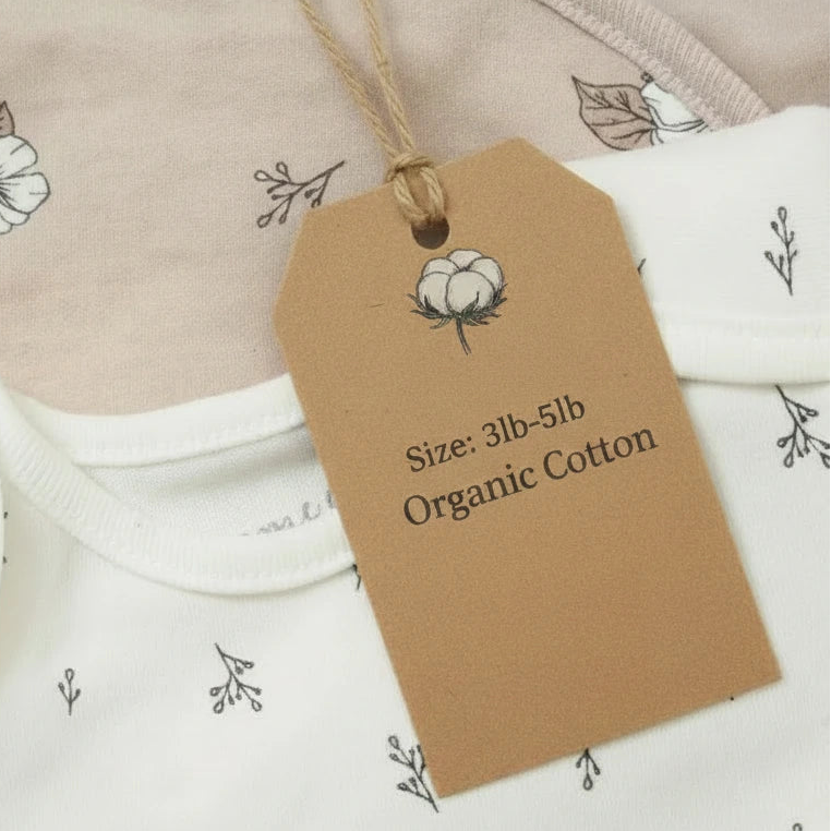 Baby onesie with a brown tag indicating organic cotton and size range.