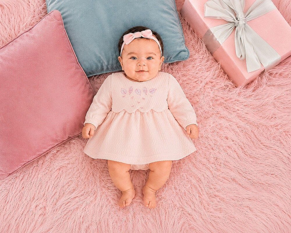 Premature Textured Pink Baby Dress with Leaf Embroidery