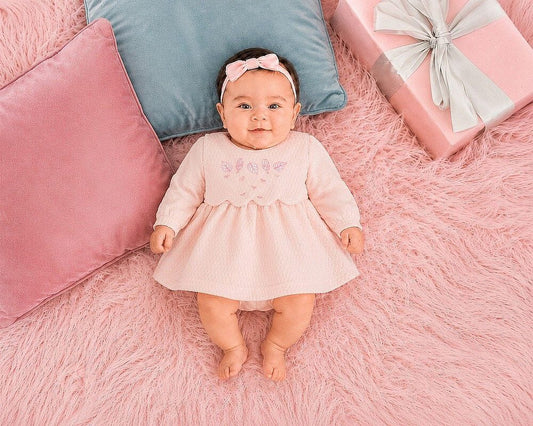 Premature Textured Pink Baby Dress with Leaf Embroidery
