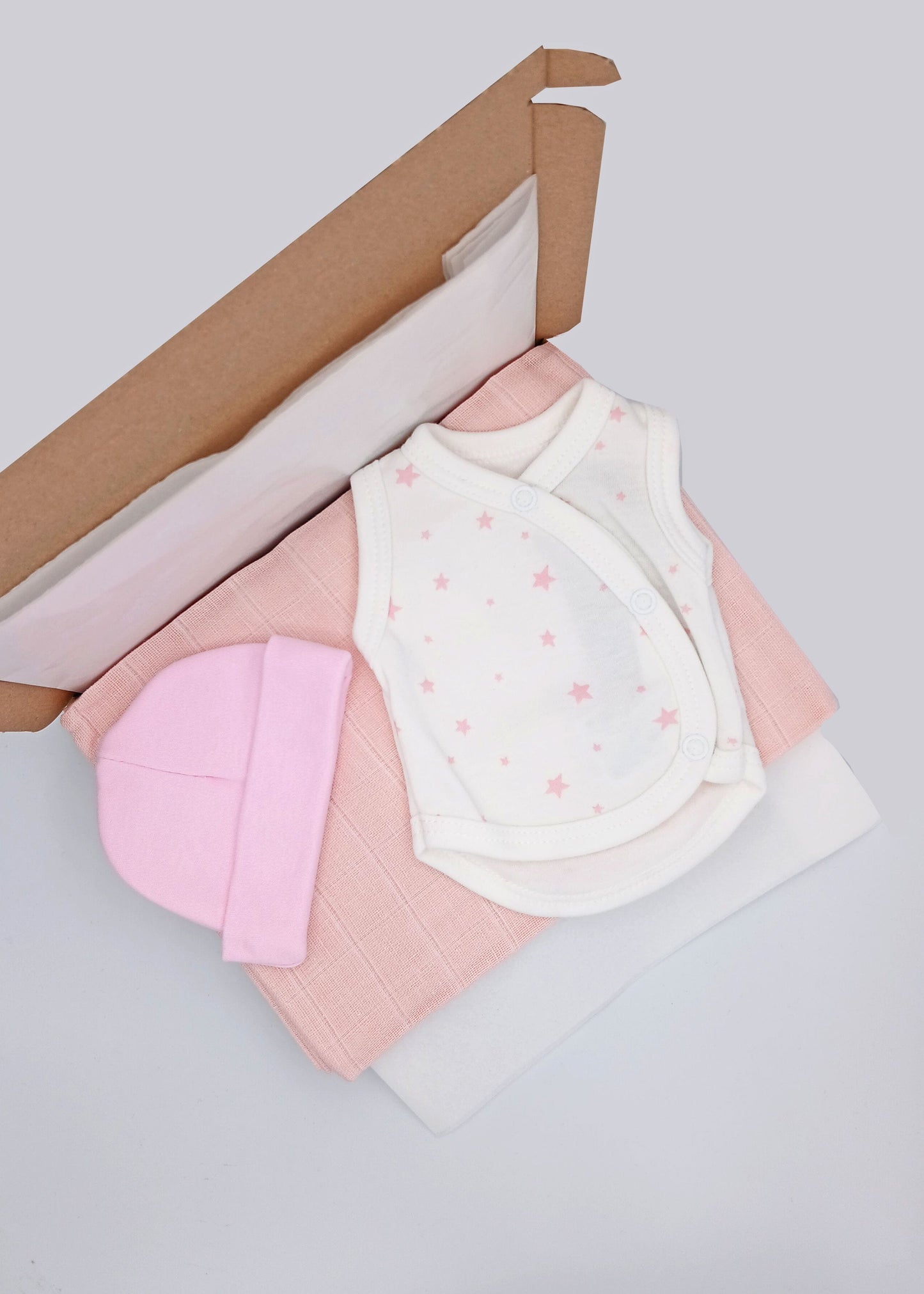 Pink Stars Gift Box - Incubator Vest, Hat & Muslin Little Mouse Baby Clothing & Gifts
