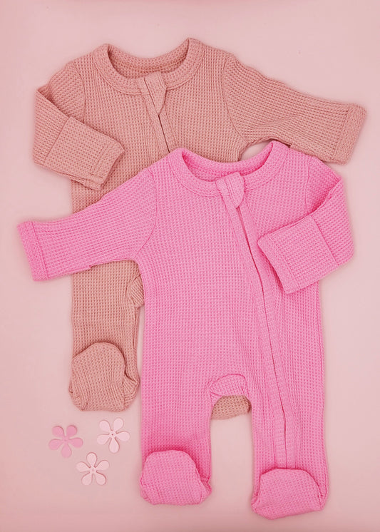 2 Pack Waffle Sleepsuits, Zip, Mitts, Feet - Pink Sleepsuit / Babygrow Little Dreamer 