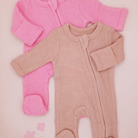 2 Pack Waffle Sleepsuits, Zip, Mitts, Feet - Pink Little Dreamer