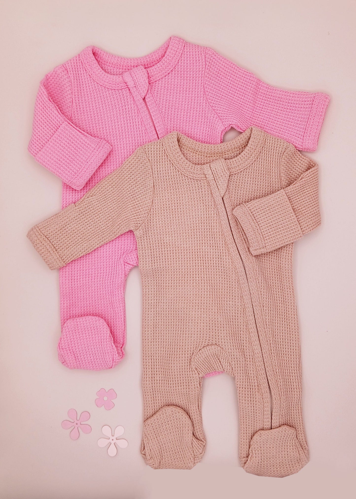 2 Pack Waffle Sleepsuits, Zip, Mitts, Feet - Pink Little Dreamer