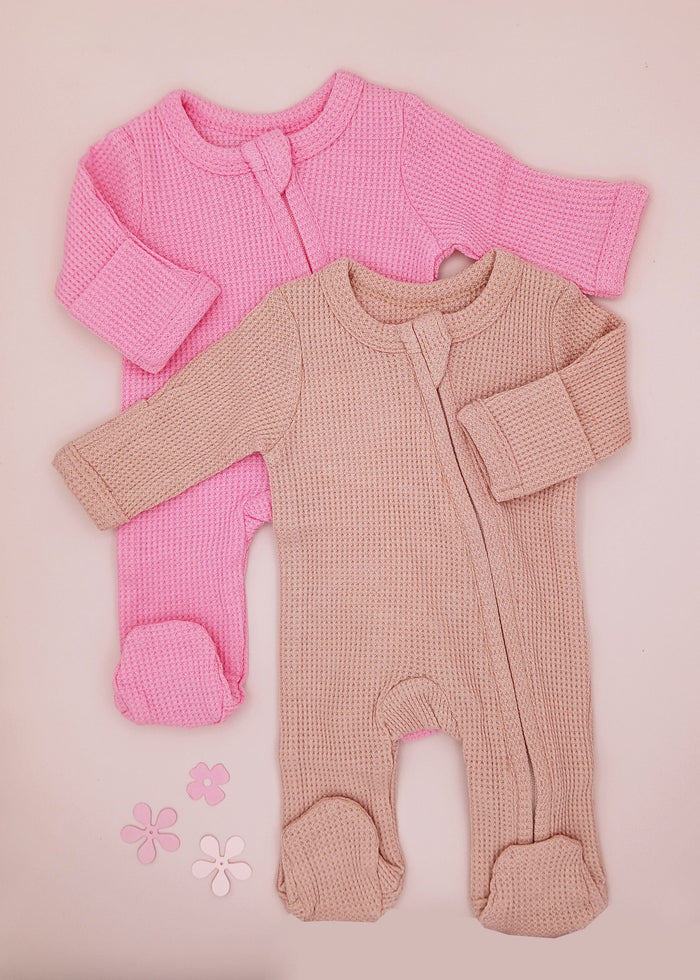 2 Pack Waffle Sleepsuits, Zip, Mitts, Feet - Pink