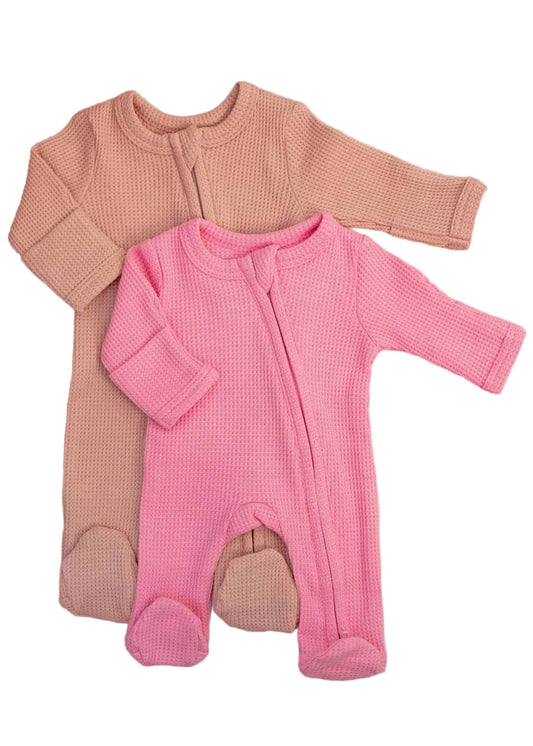 2 Pack Waffle Sleepsuits, Zip, Mitts, Feet - Pink Sleepsuit / Babygrow Little Dreamer 