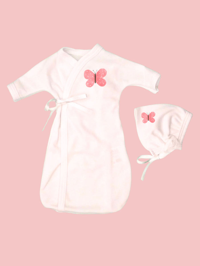 Pink Butterfly Baby Bereavement Gown & Bonnet, Organic (Burial Gown)