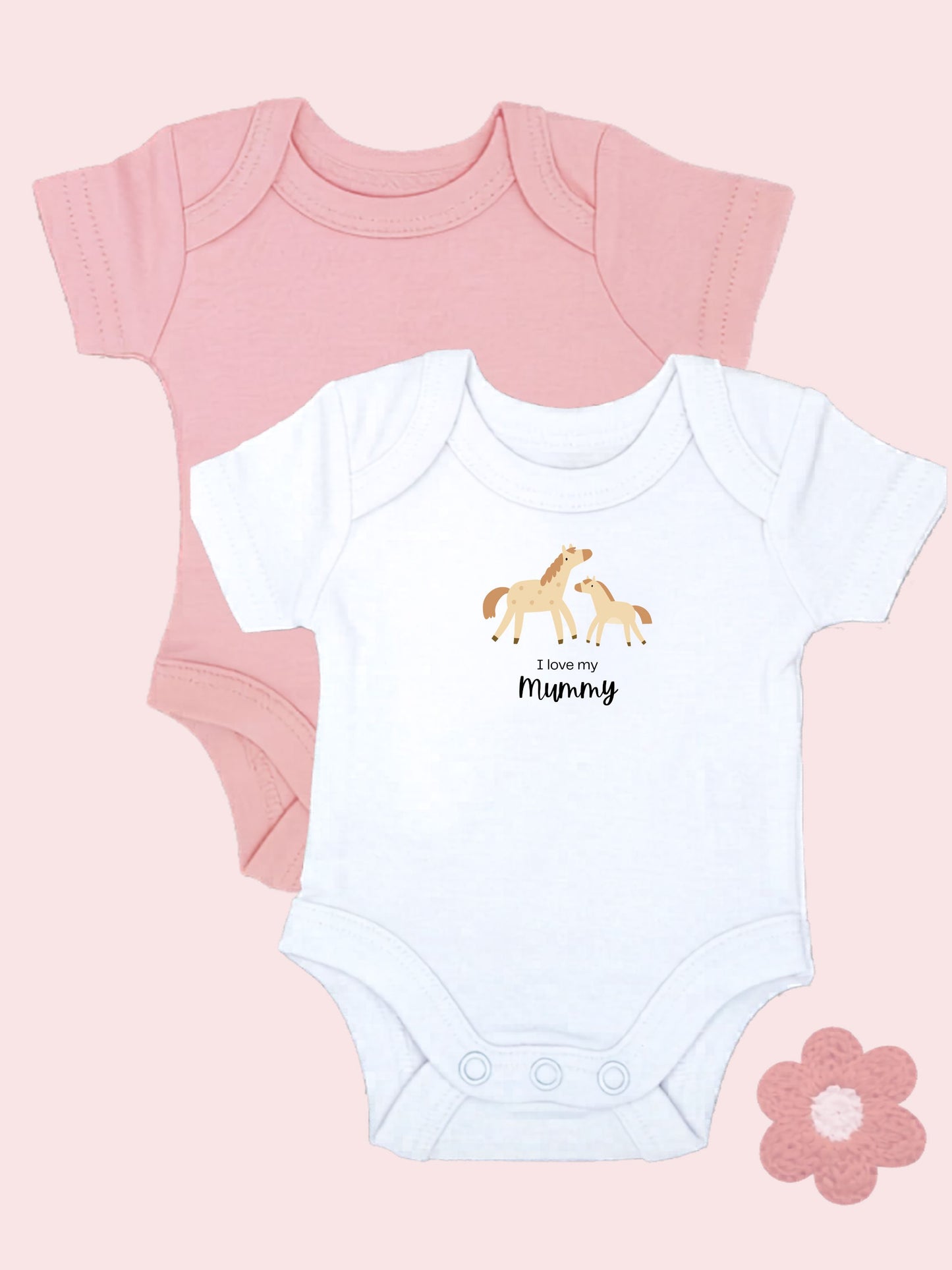 'I love Mummy' Horse Motif White Bodysuit & Plain Pink Bodysuit Set Bodysuit / Vest Little Dreamer 