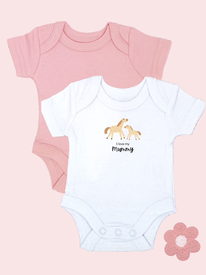 'I love Mummy' Horse Motif White Bodysuit & Plain Pink Bodysuit Set