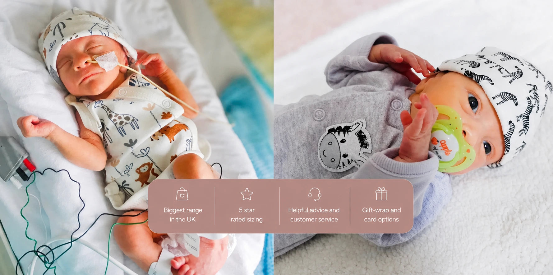 Two images of a premature baby wearing a hat and outfit with text overlay.
