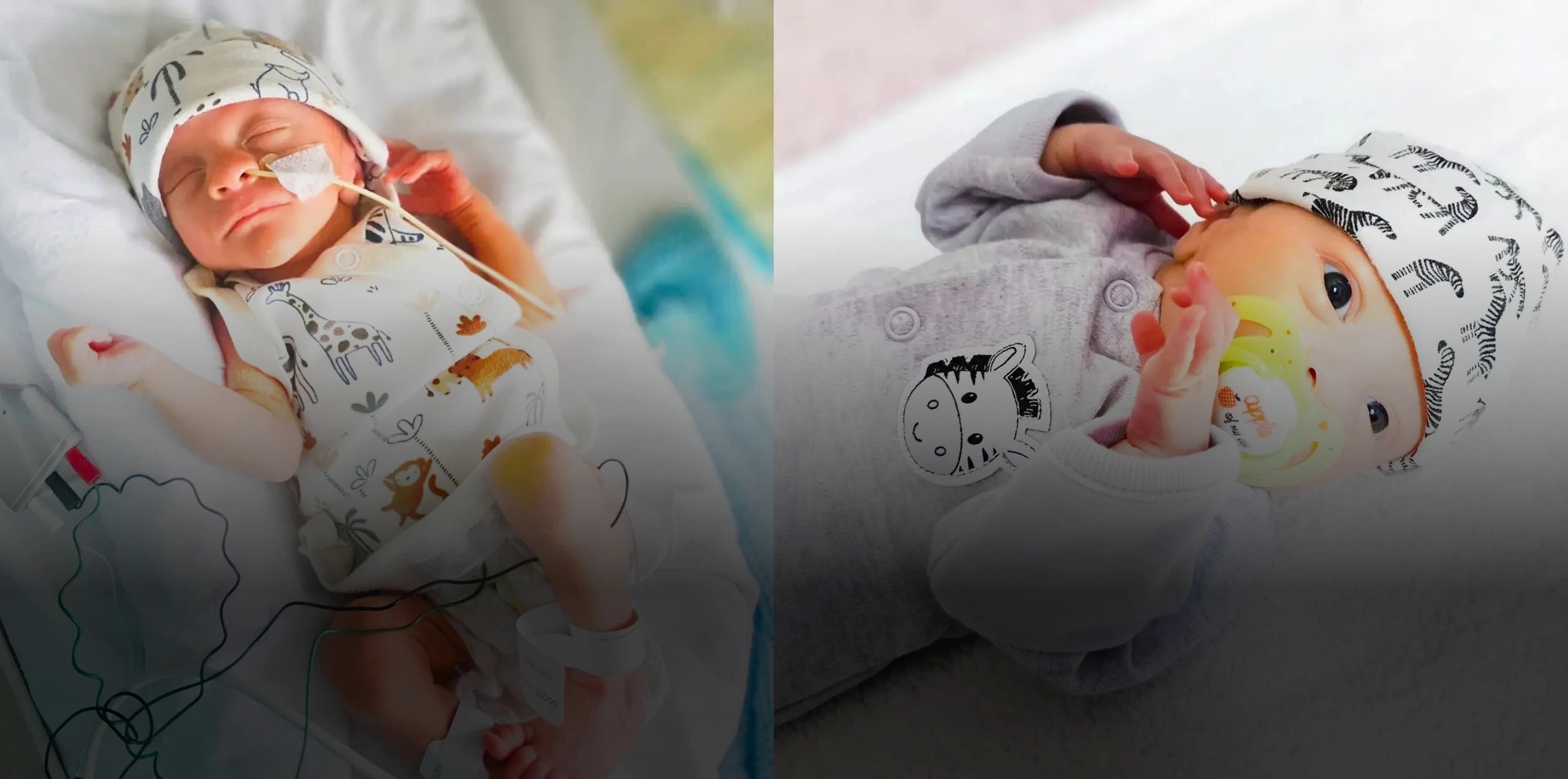 Two images of a premature babies wearing a patterned outfit with cartoon characters on a white background.