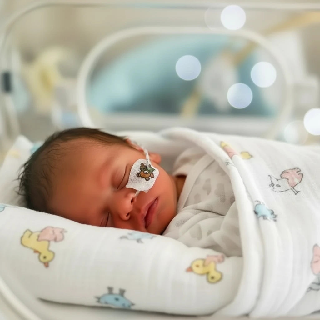 Newborn baby wrapped in a blanket with cartoon patterns, lying in an incubator.