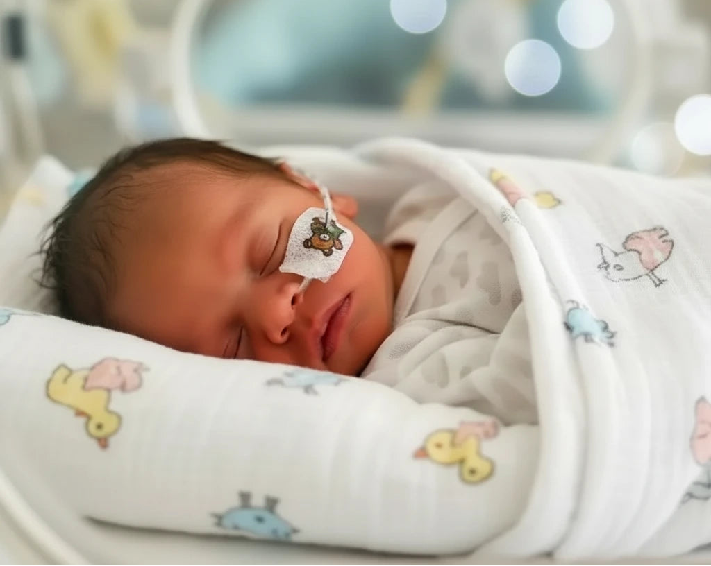 Newborn baby wrapped in a blanket with cartoon patterns, lying in an incubator.