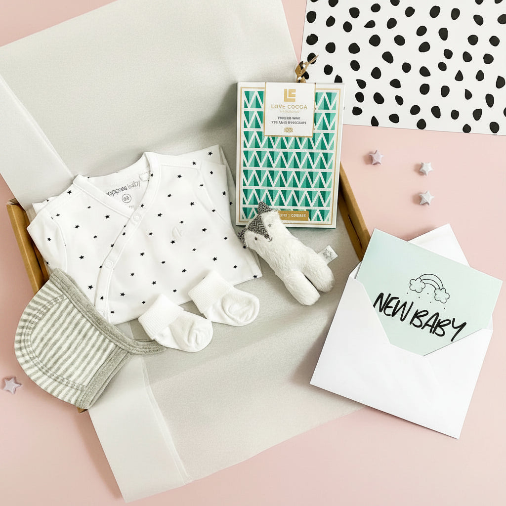 Baby gift set with clothes, socks, a toy, and a card on a pink surface.