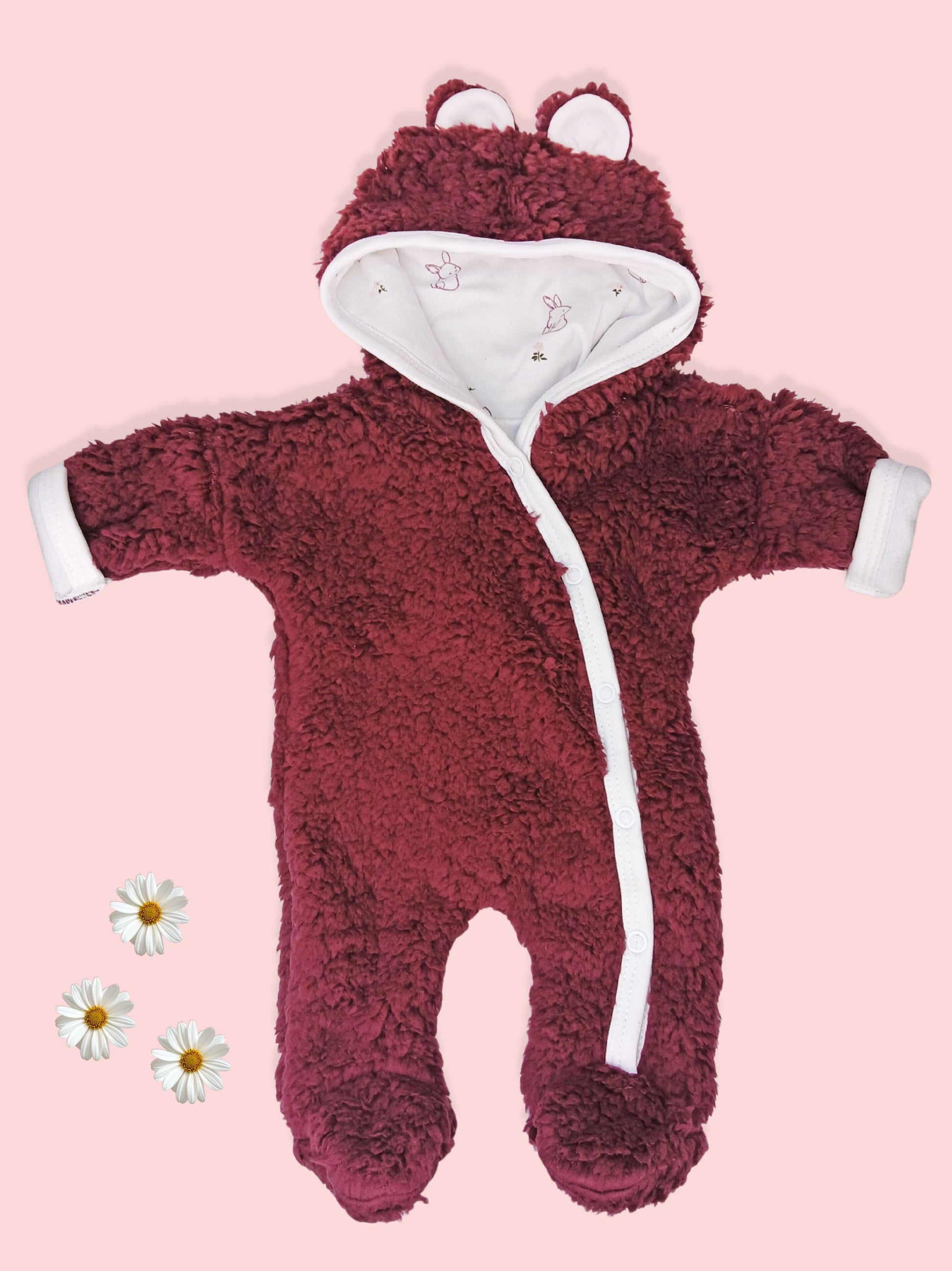 Tiny & Small Fluffy Pramsuit - Claret with Rabbit Fabric Hood Snowsuit / Pramsuit Tiny & Small 