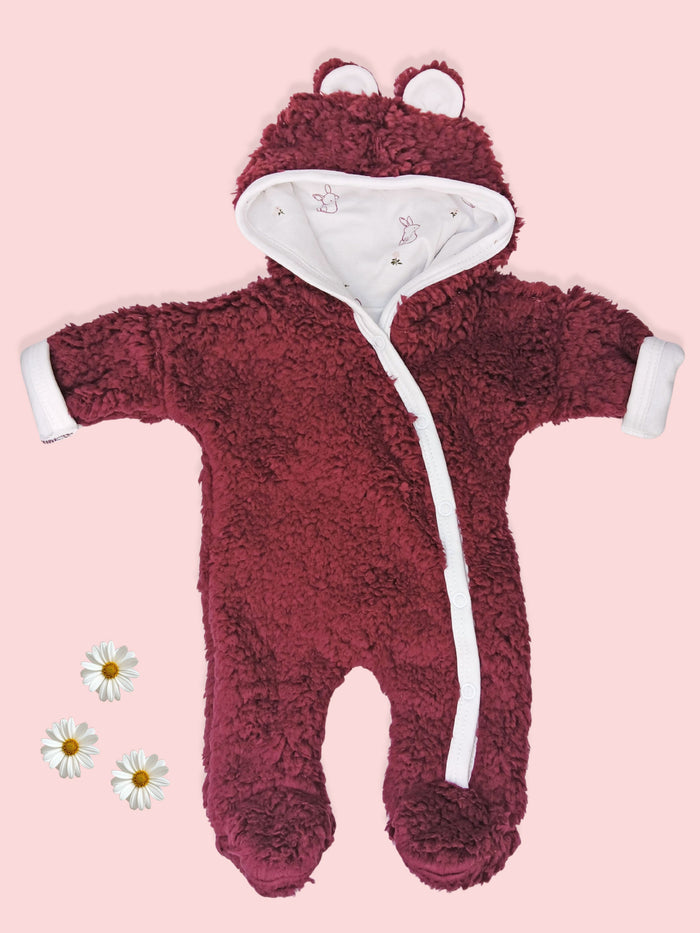 Tiny Baby Fluffy Pramsuit - Claret with Rabbit Fabric Hood