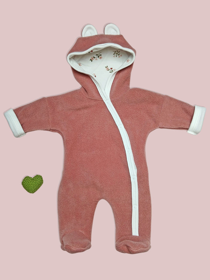 Tiny Baby Pramsuit - Fleece, Raspberry Pink with Beautiful Bloom Fabric Hood