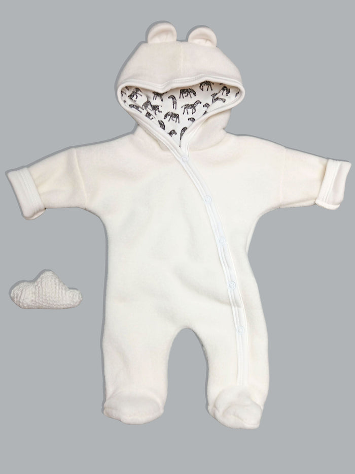 Small Baby Fleece Pramsuit - Cream with Zebra Fabric Hood