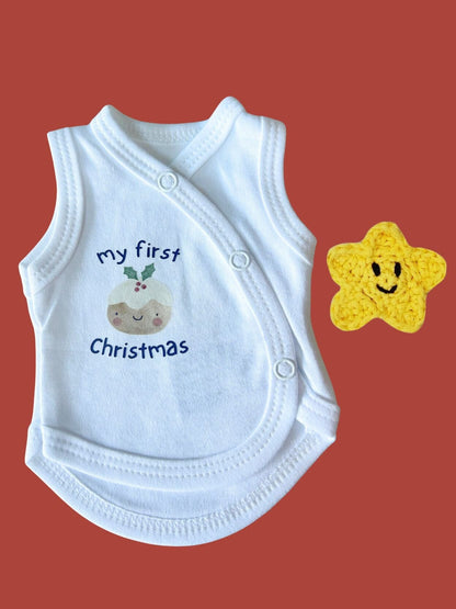My First Christmas Incubator Vest, Pudding , Premium 100% Organic Cotton Bodysuit / Vest Tiny & Small 
