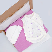 Purple Stars Gift Box - Incubator Vest, Hat & Muslin Little Mouse Baby Clothing & Gifts