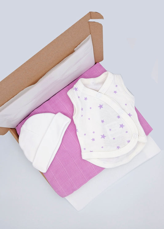 Purple Stars Gift Box - Incubator Vest, Hat & Muslin Little Mouse Baby Clothing & Gifts