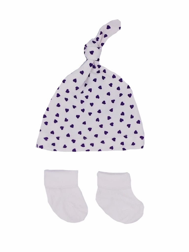 Premature Baby Knotted Hat and Socks Set - Purple Hearts - Hat, Mitts & Booties Set - Little Mouse Baby Clothing & Gifts