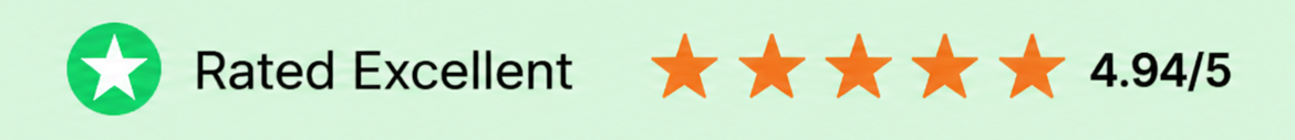 A green and white 'Rated Excellent' rating badge with five orange stars and a 4.94/5 score on a pale green background.