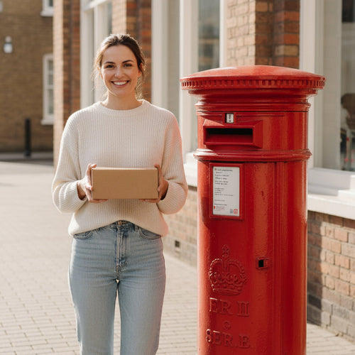 Person receiving a cardboard box from another person against a red brick wall.