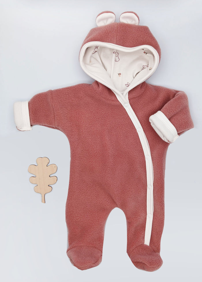 Premature Baby Pramsuit - Fleece, Raspberry Pink with Rabbit Fabric Hood
