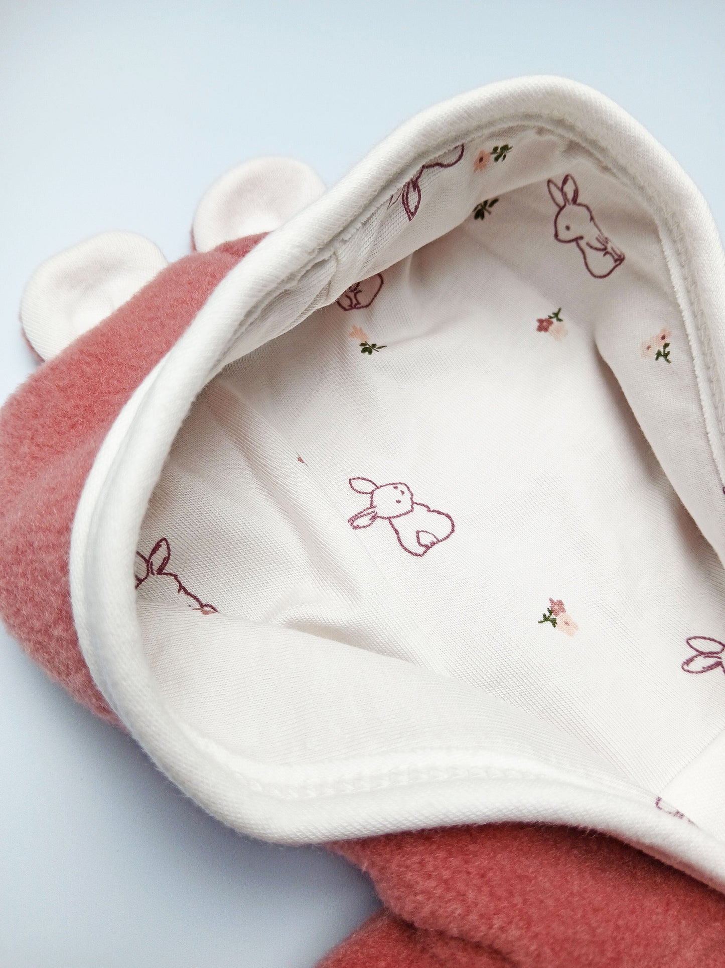 Tiny Baby Pramsuit - Fleece, Raspberry Pink with Rabbit Fabric Hood Tiny & Small
