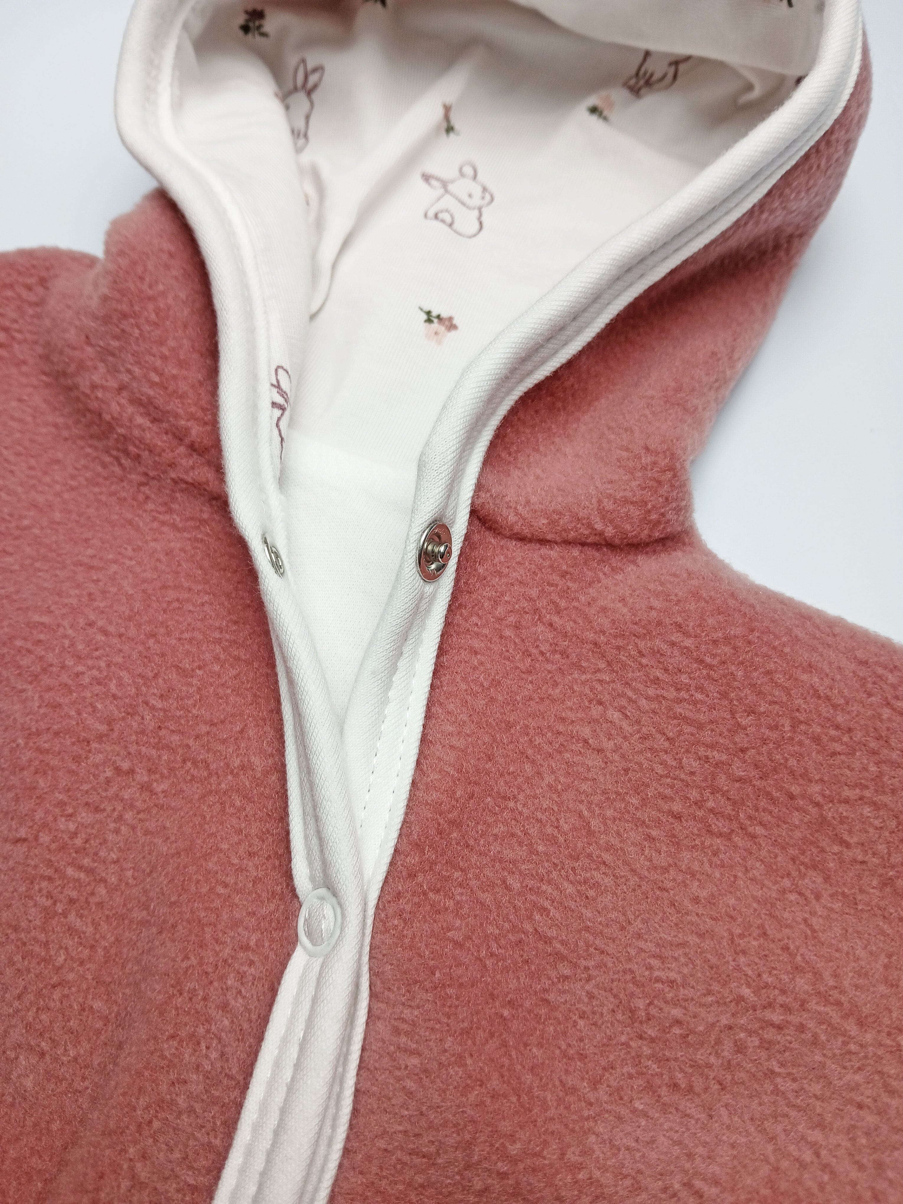 Tiny Baby Pramsuit - Fleece, Raspberry Pink with Rabbit Fabric Hood Tiny & Small
