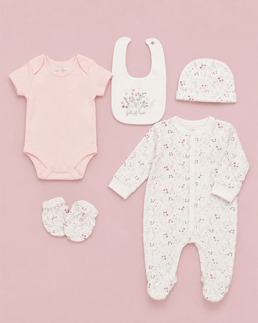 Floral 'Full of Love' 5 Piece Layette Gift Set - 3 sizes. Set Rock a Bye Baby 