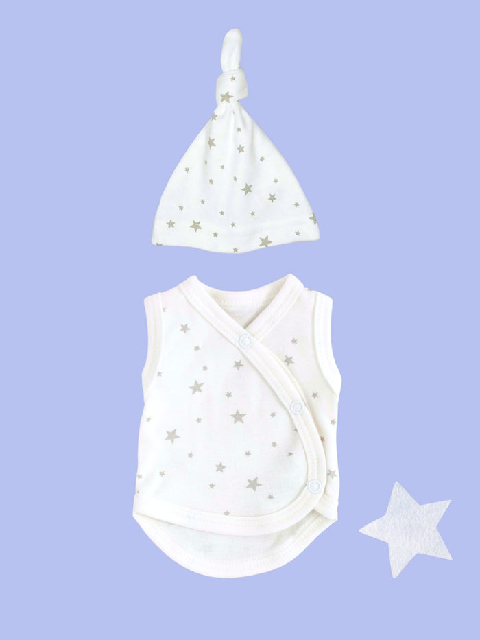 Incubator Vest & Knotted Hat Set Silver Stars, 100% Organic Cotton (1.5-3lb)