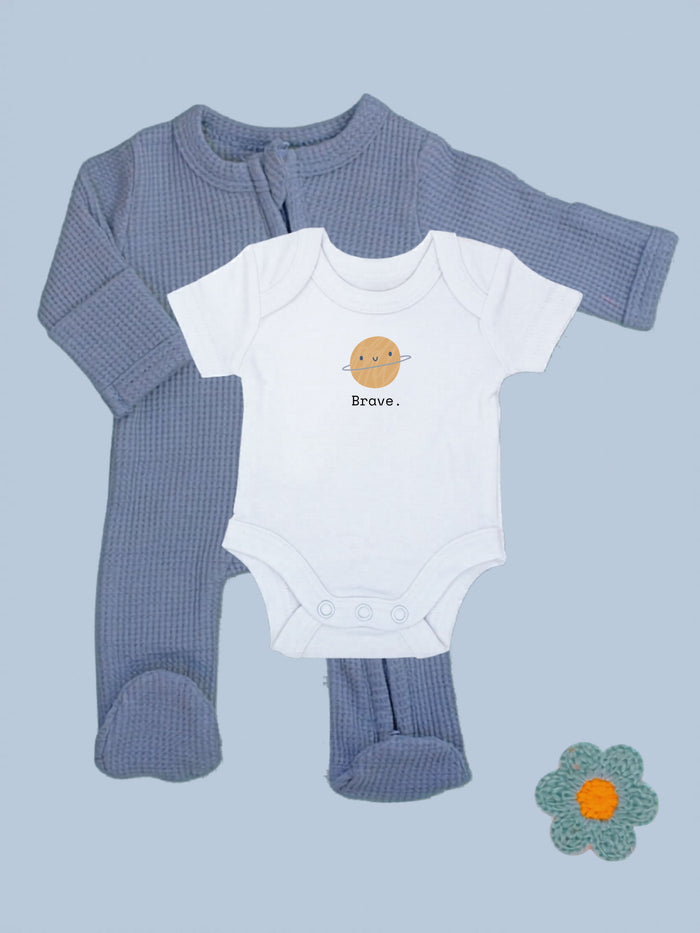 Blue zipped Sleepsuit & 'Brave' Planet Motif Bodysuit Set.