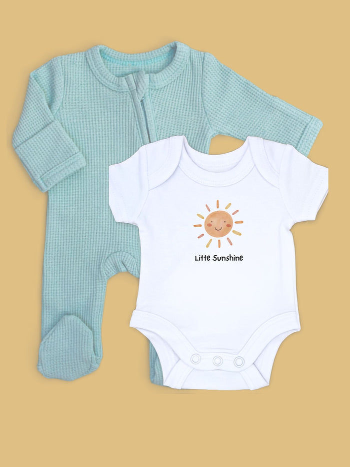 Mint zipped Sleepsuit & 'Little Sunshine' Motif Bodysuit Set.