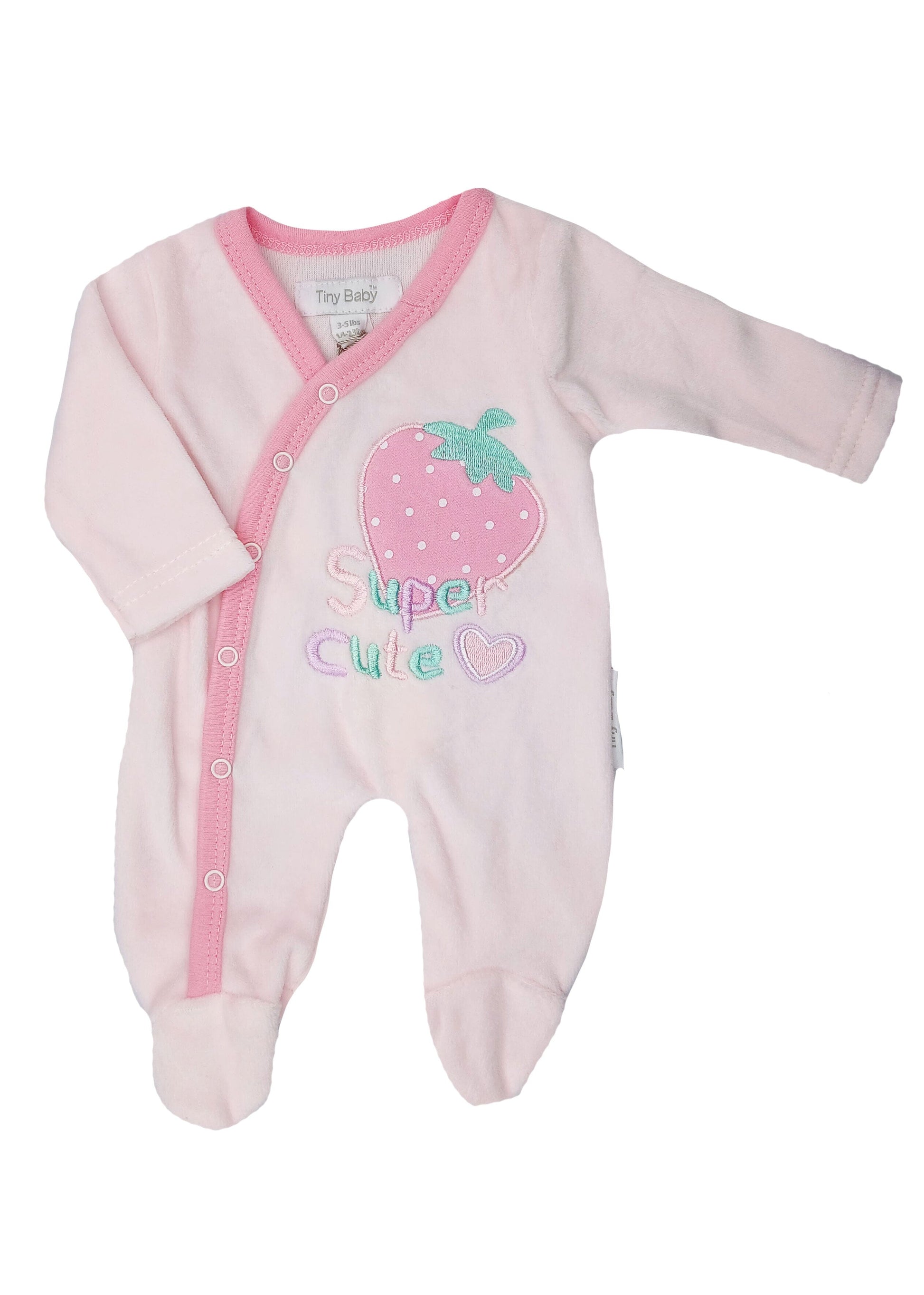 Velour 'Super Cute' Strawberry Sleepsuit - Pink Sleepsuit / Babygrow Tiny Baby 