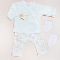 2 Piece Cream wrap top with 'Sweet Little One' Motif & Apricot Floral trouser set, Organic Cotton Top & Trousers Tiny & Small 