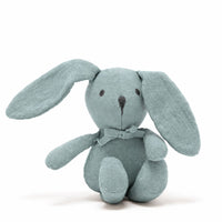 A light blue-gray plush bunny toy with long floppy ears, small dark embroidered eyes and nose, and a matching fabric bow around its neck, photographed on a clean white background.