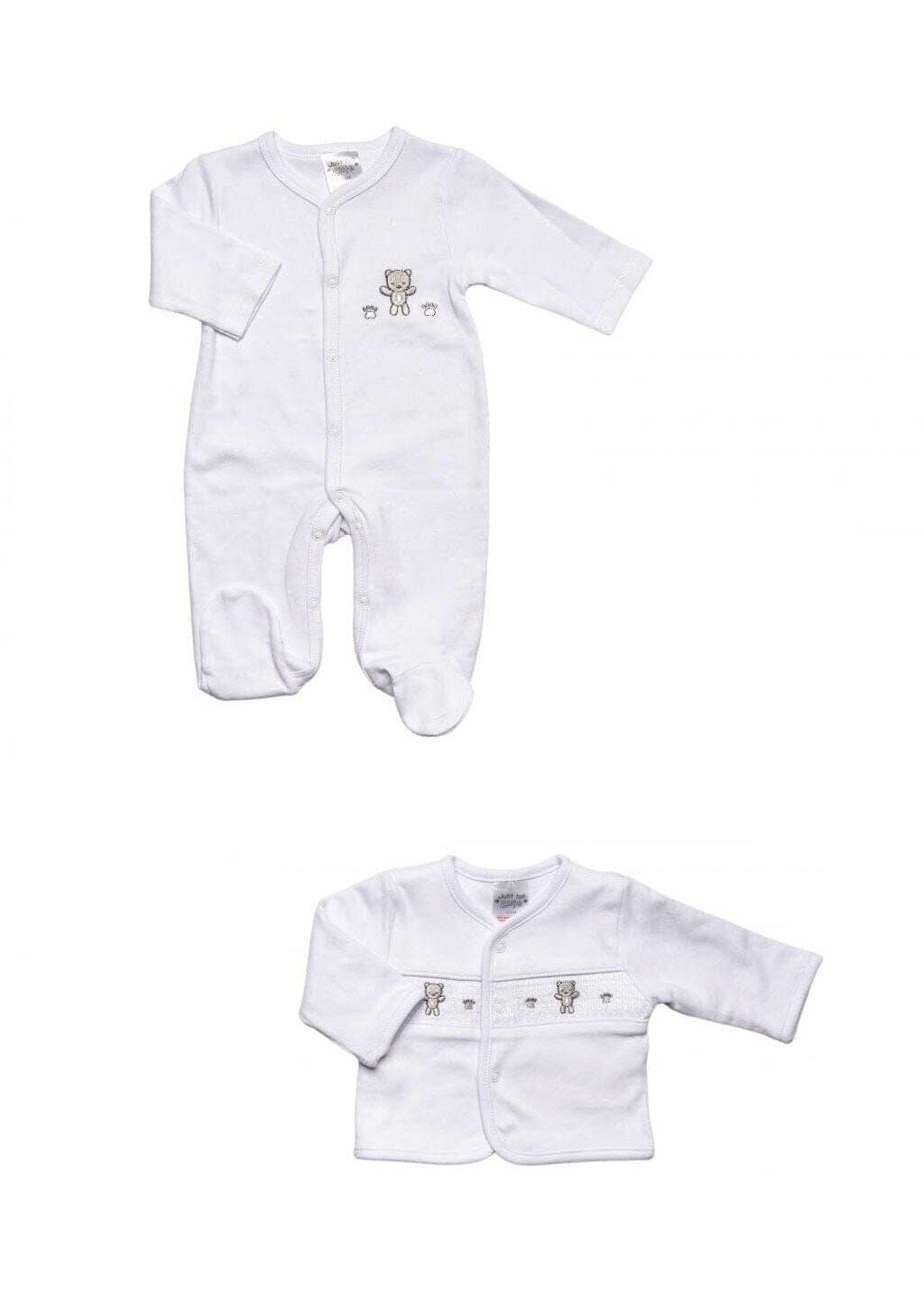 A two-piece baby clothing set on a white background, featuring a white long-sleeve footed sleeper with a small embroidered bear on the chest, and a matching white long-sleeve cardigan with snap buttons and decorative bear embroidery.